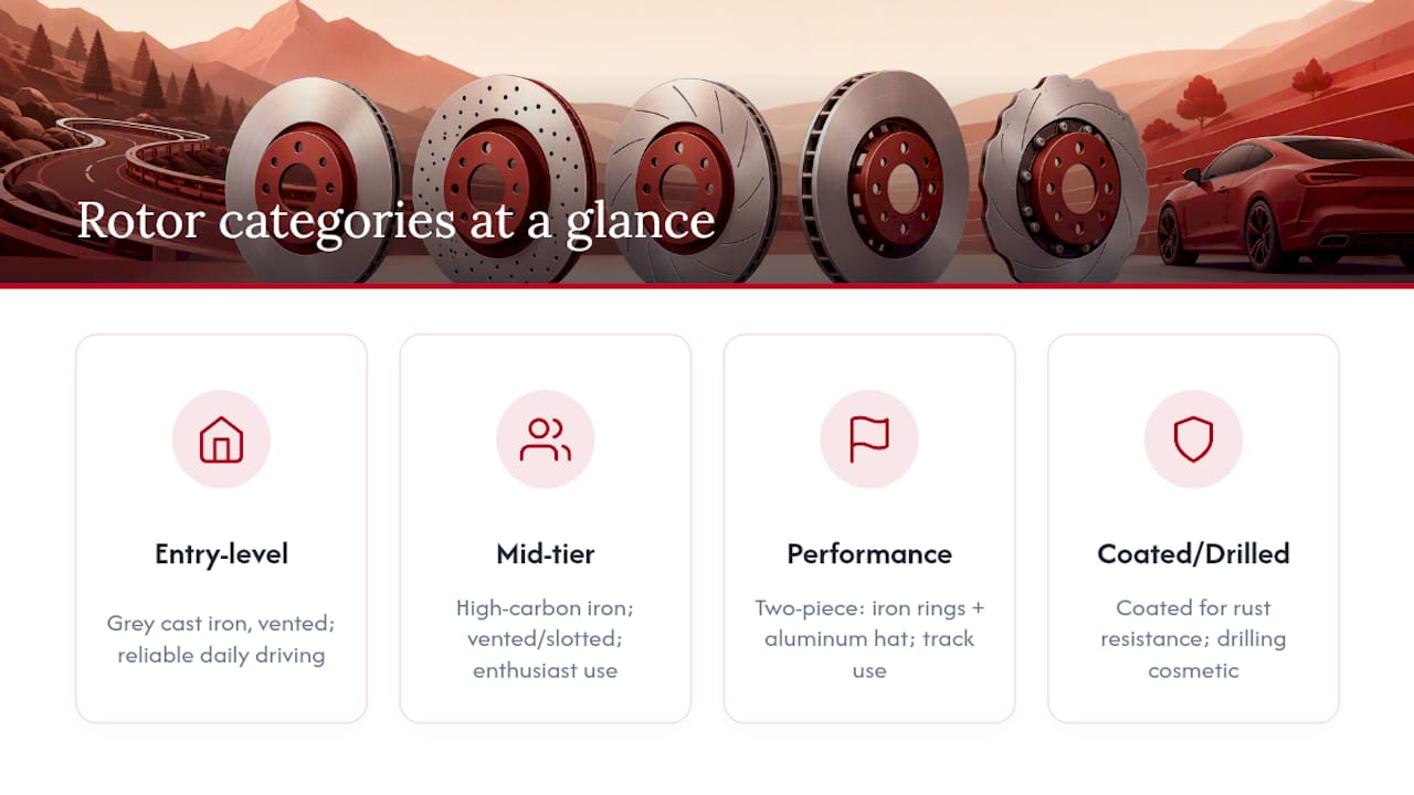 Diagram comparing brake rotor categories and features
