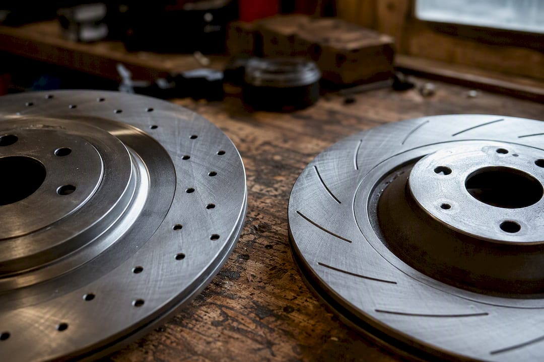 Close side view of slotted and drilled brake rotors