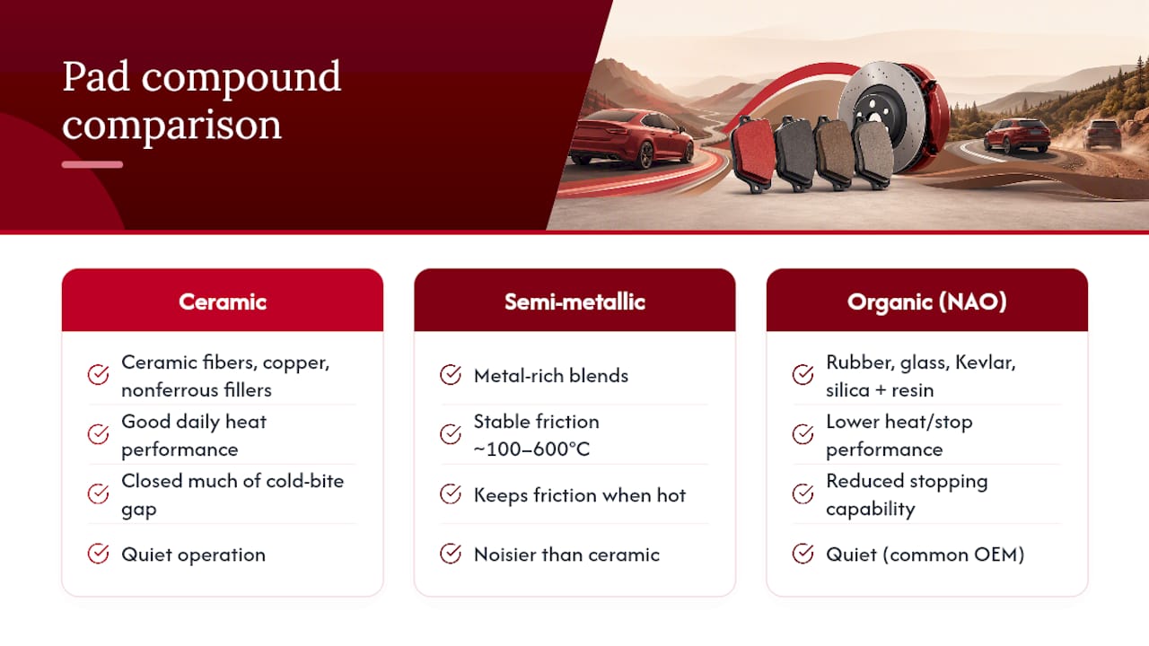 Brake pad compound trade-off comparison