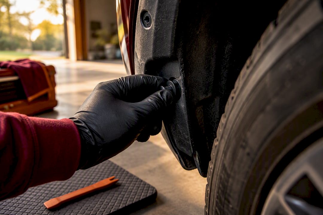 Technician securing loose fender liner fastener