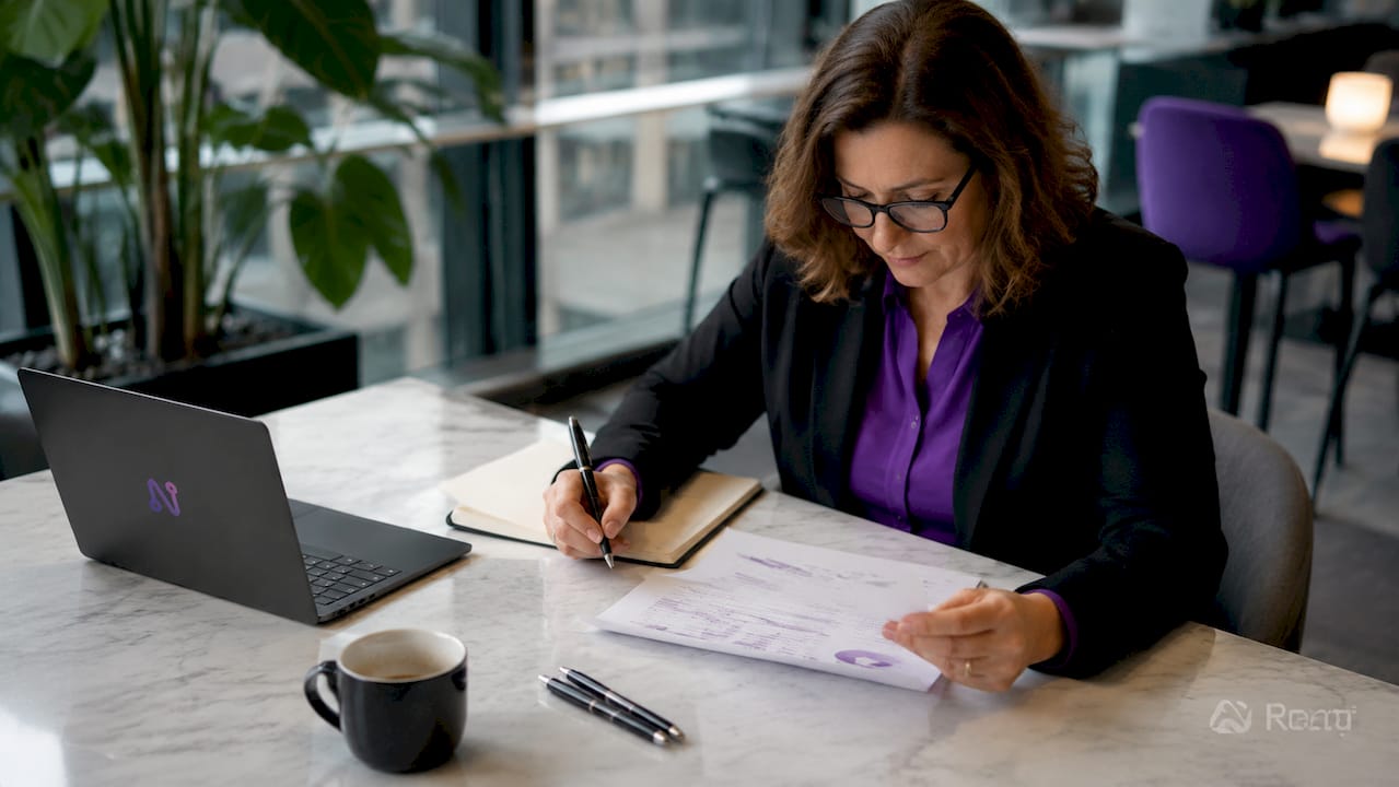 Un expert-comptable suisse en train d’examiner attentivement des dossiers papiers.