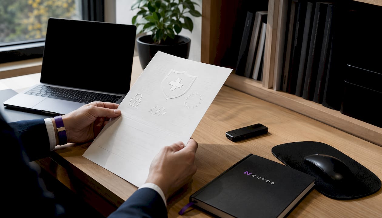 Des mains feuillettent un document de conformité posé sur un bureau éclairé de reflets violets.