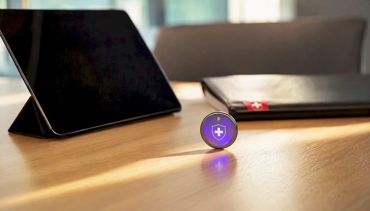 Zoom sur un token de sécurité dédié à la confidentialité, utilisé dans un environnement juridique suisse.