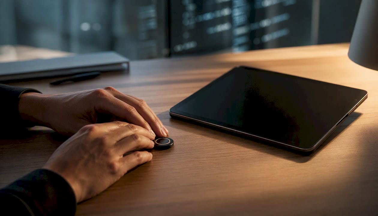 Zoom sur des mains posées sur un bureau, tenant un dispositif de sécurité.