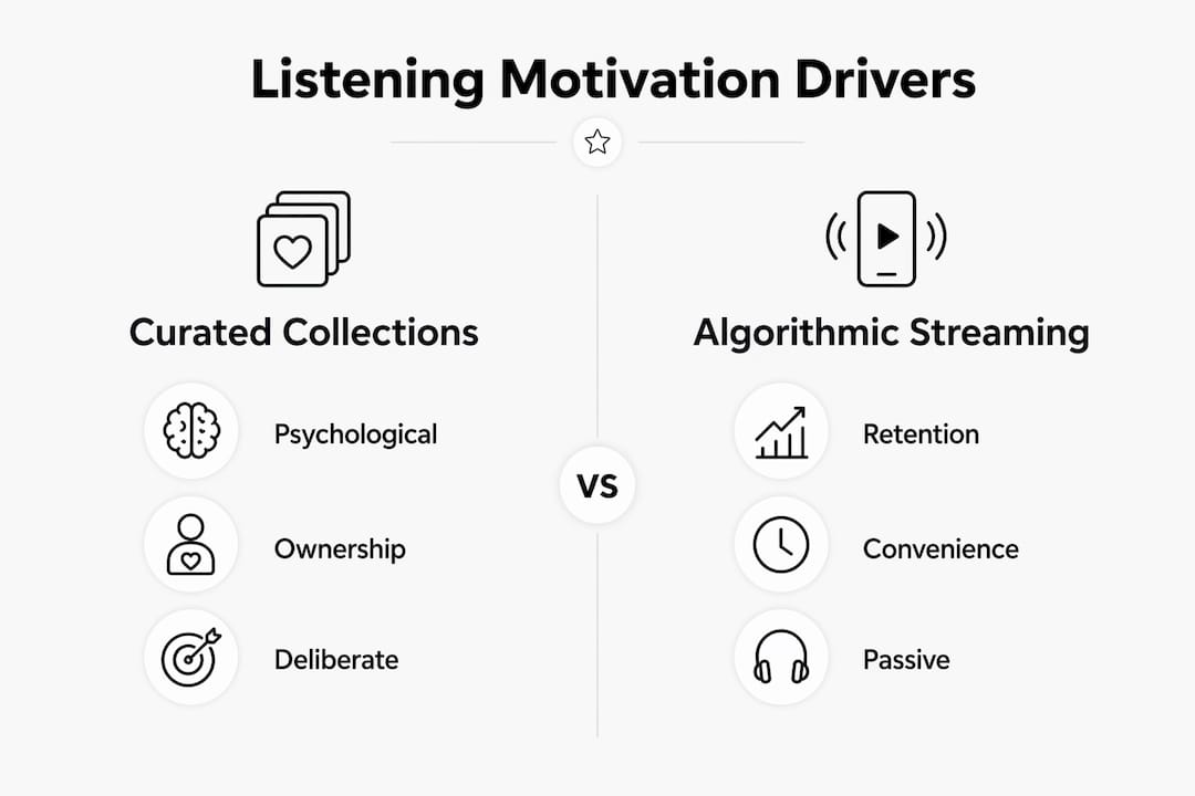 Infographic comparing curated collections and algorithmic streaming motivation drivers