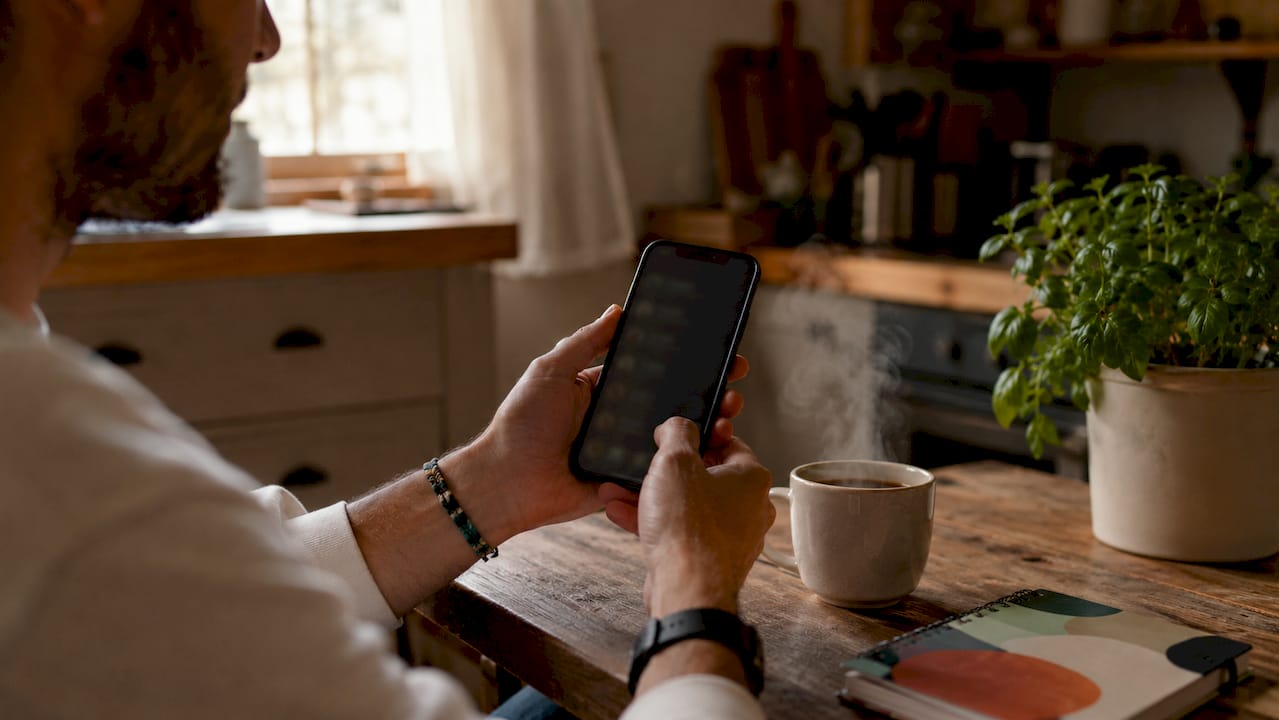 Hands scrolling curated music playlist on smartphone