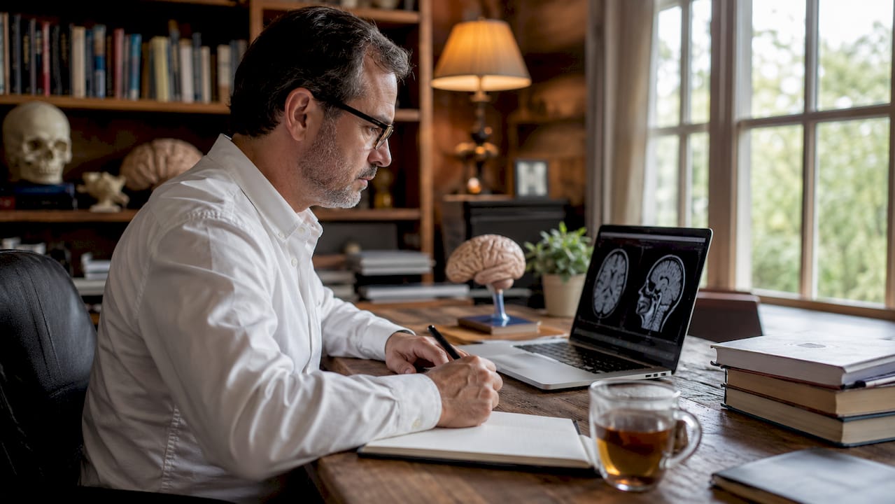 Neuroscientist analyzing brain scans in lab