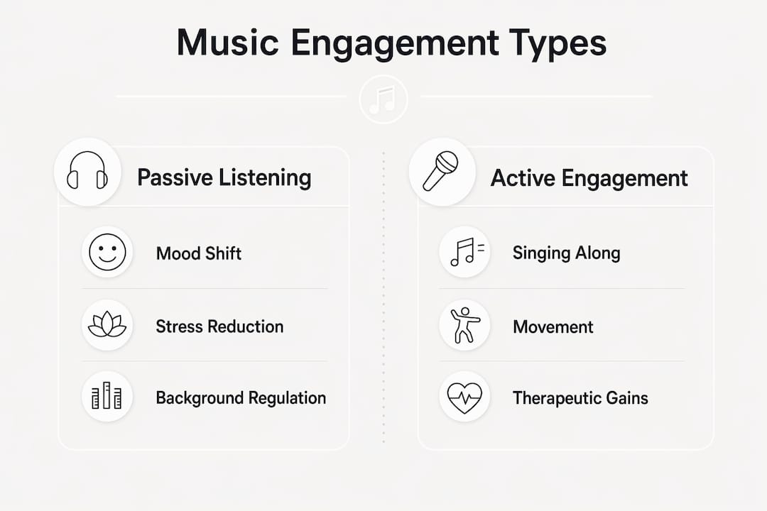 Infographic comparing passive vs active music engagement effects on emotion