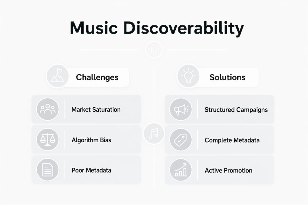 Infographic comparing music discoverability challenges and solutions