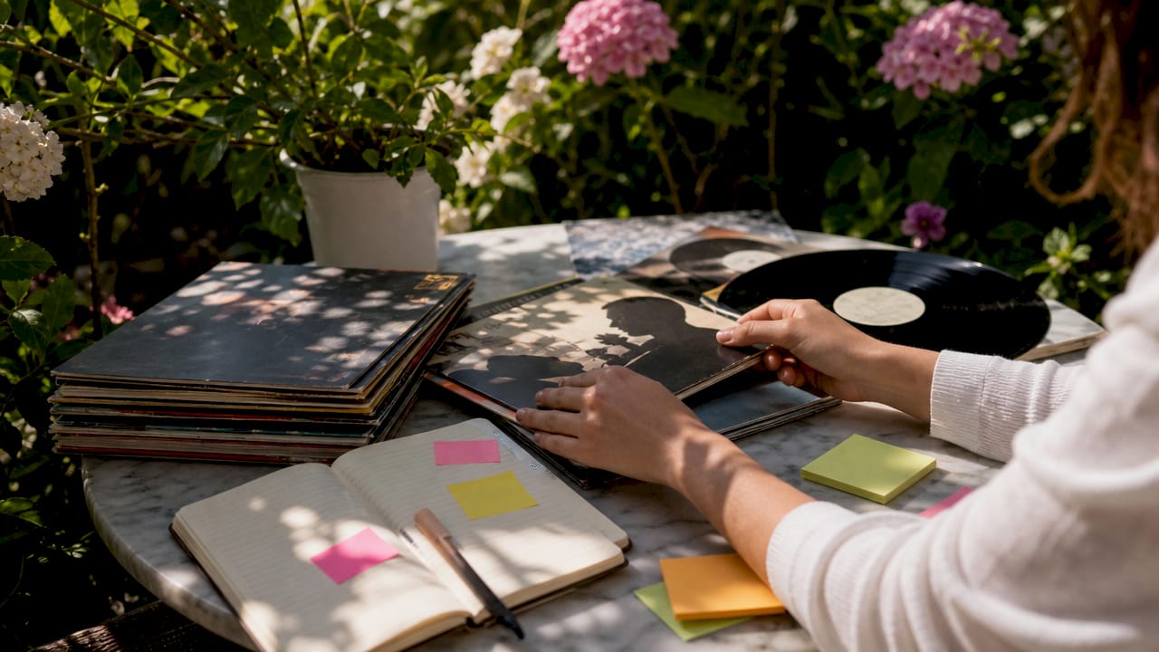 Hands sorting music albums with metadata tags