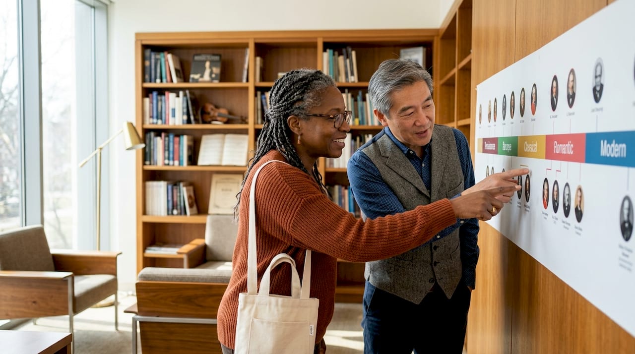 Music historians reviewing timeline on wall