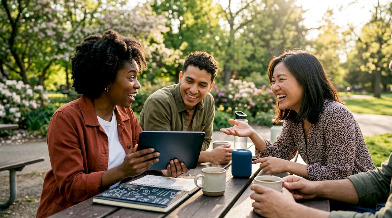 Friends sharing music recommendations at café