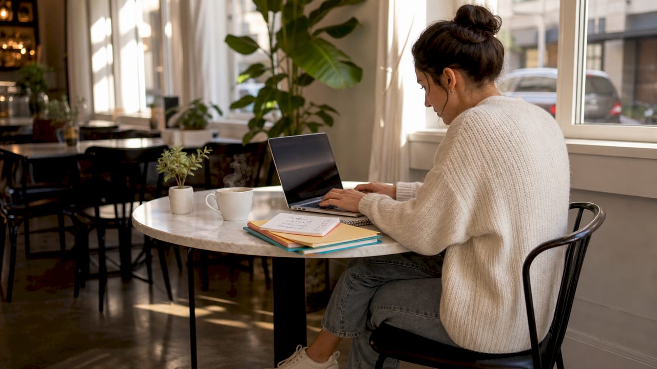 Hands typing on laptop in home office music setup