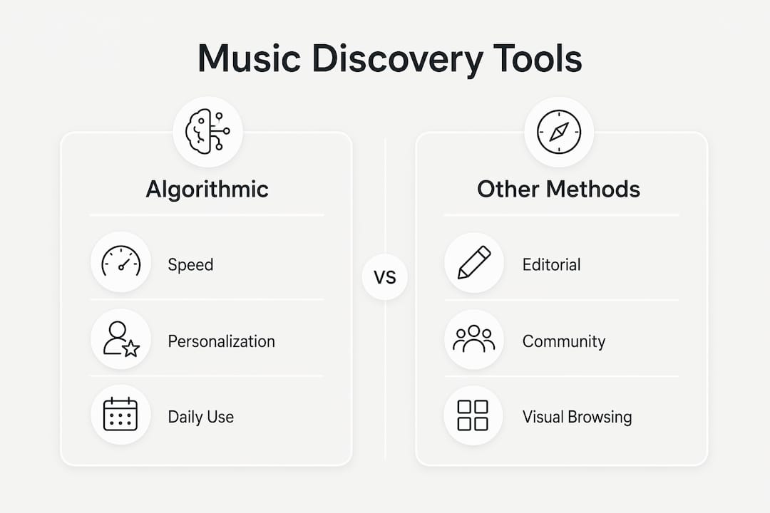 Infographic comparing algorithmic and other music discovery tools