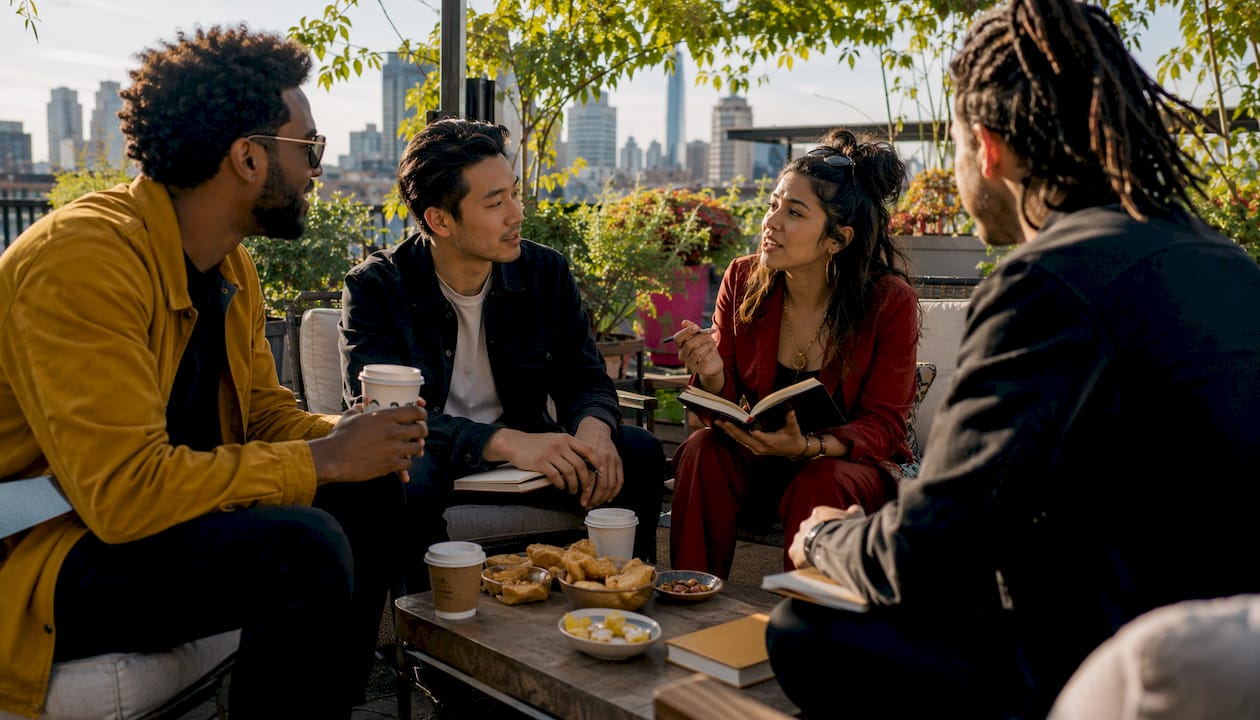 Group of musicians networking in co-working lounge