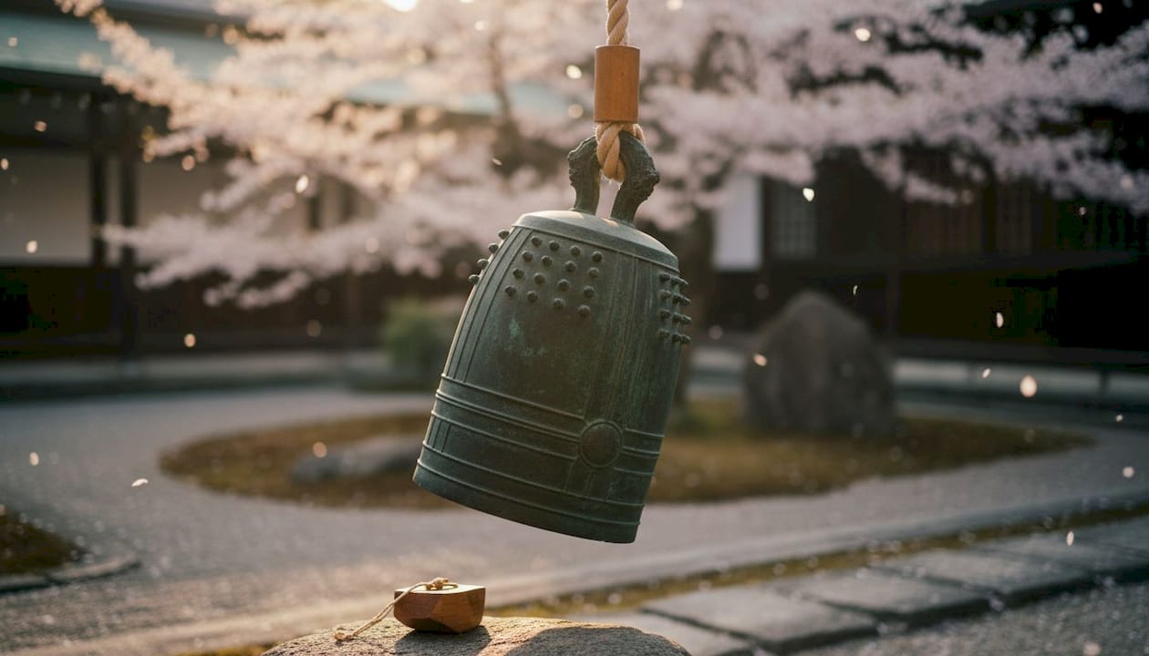 Close-up of traditional Japanese bronze dotaku bell