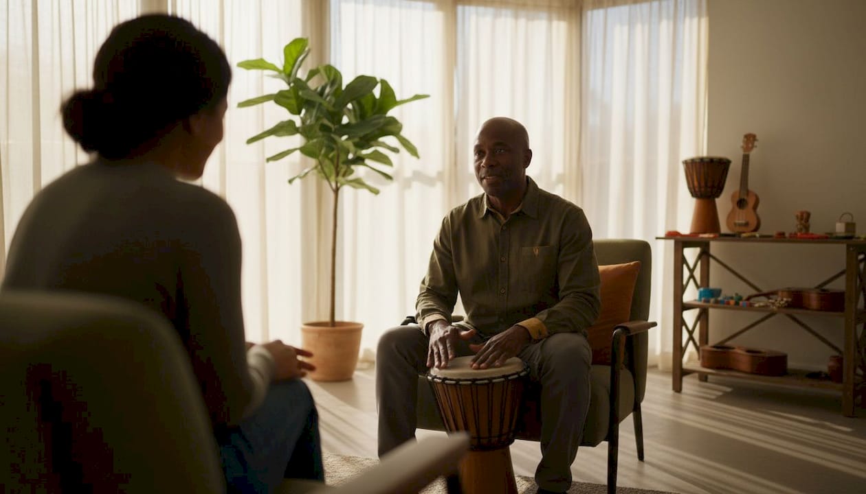 Music therapist holding percussion instrument thoughtfully