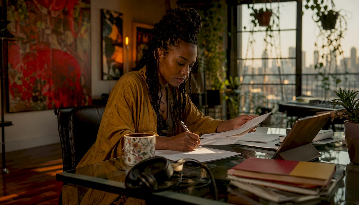 Music producer reviewing licensing documents at desk