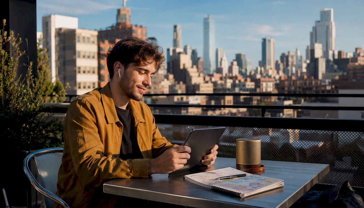 Musician evaluating licensing platform outdoors on tablet