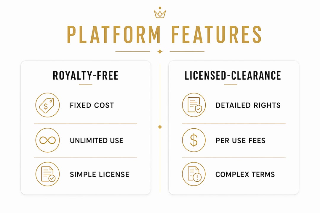 Infographic comparing royalty-free and licensed-clearance platform features