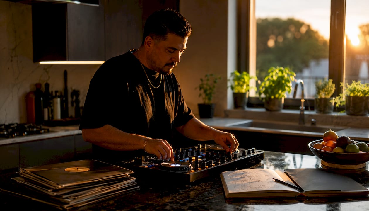 Hands cueing DJ controller for playlist