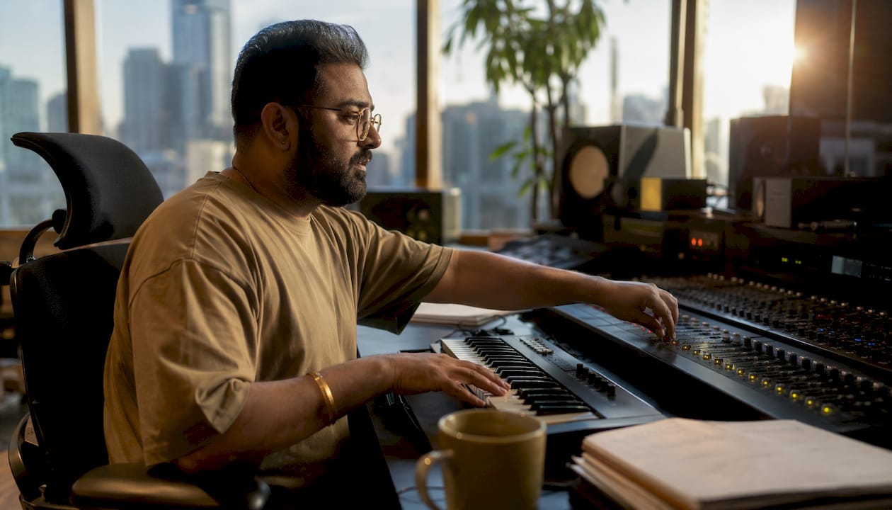 Music producer adjusting mixer controls