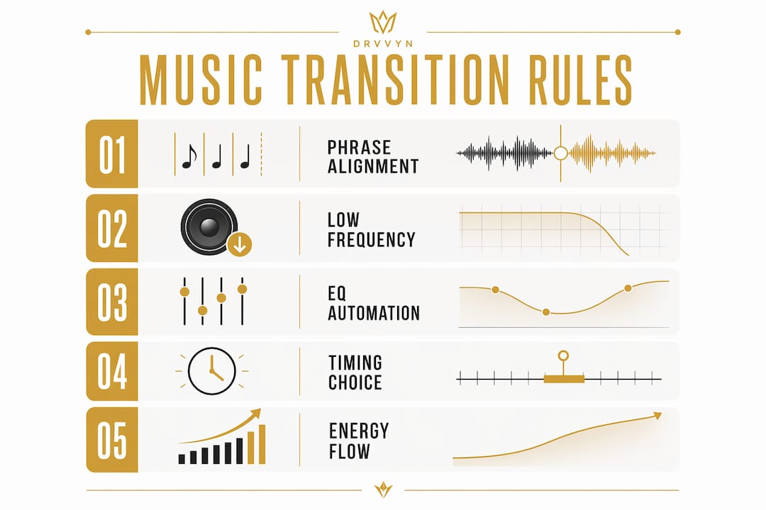 Infographic showing 5 key music transition rules