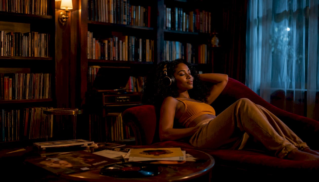Young woman deeply listening to music at night