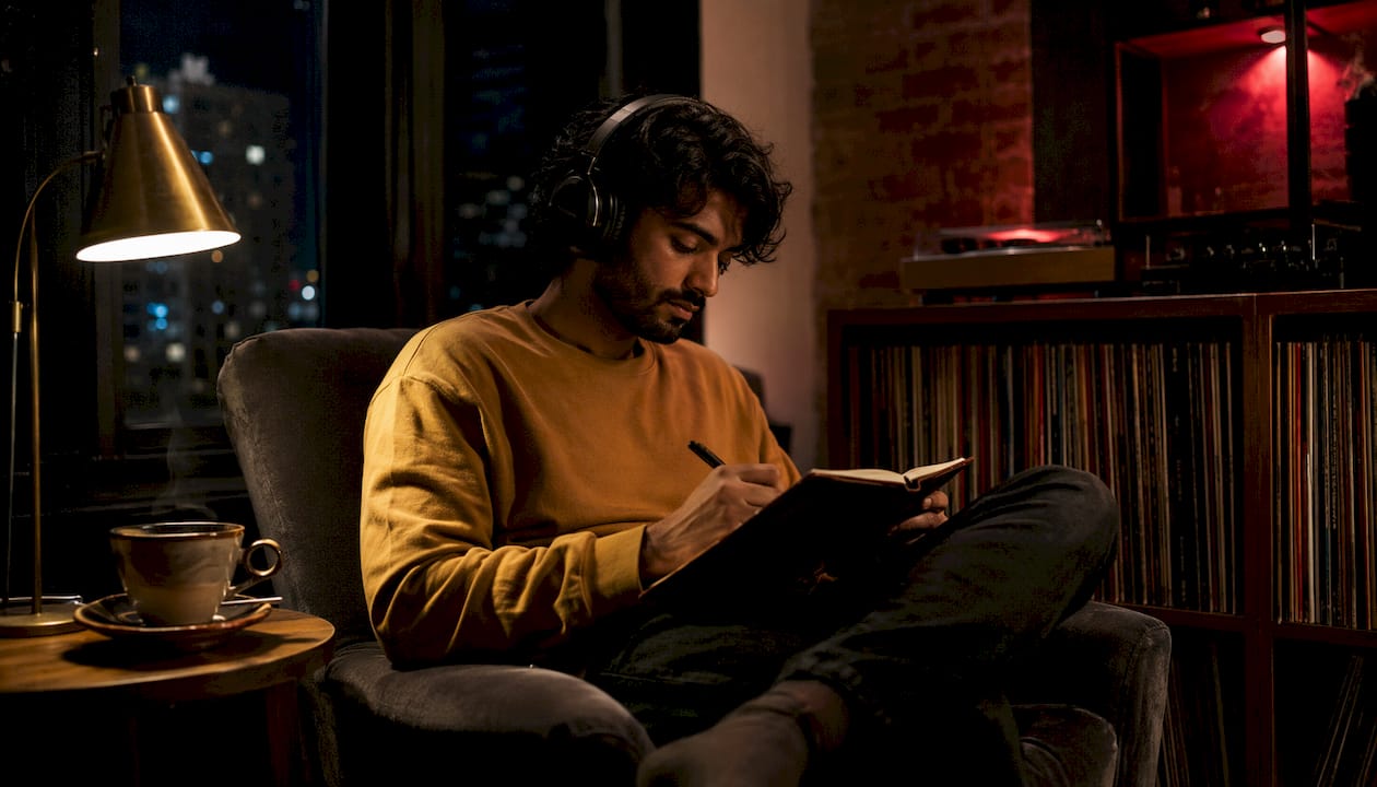Man journaling with headphones in quiet night room