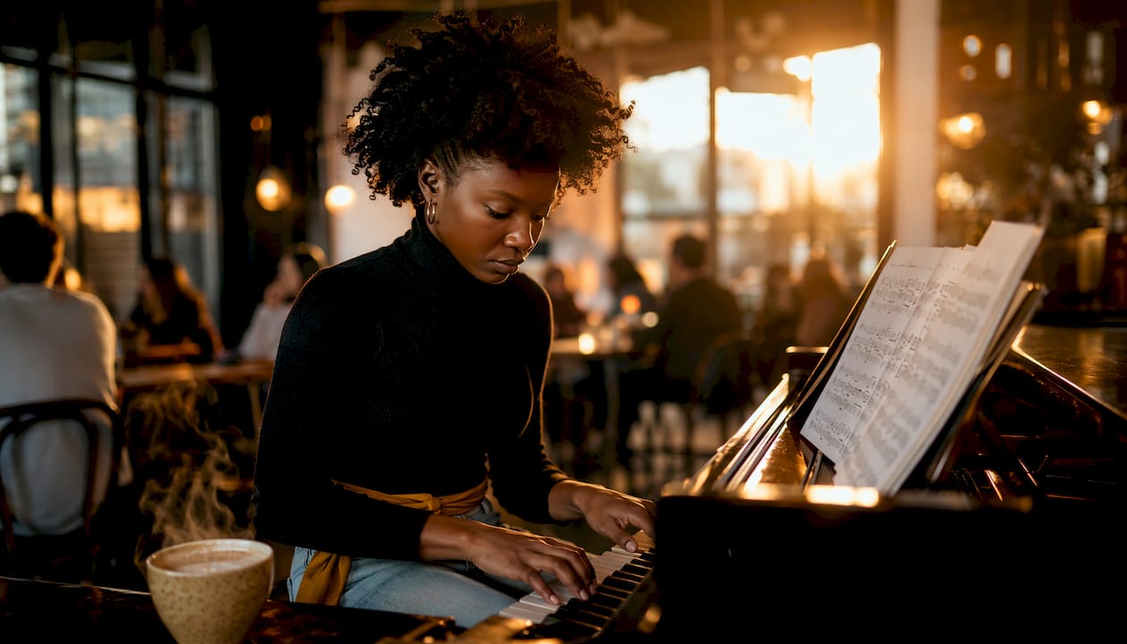 Side profile pianist playing piano expressively