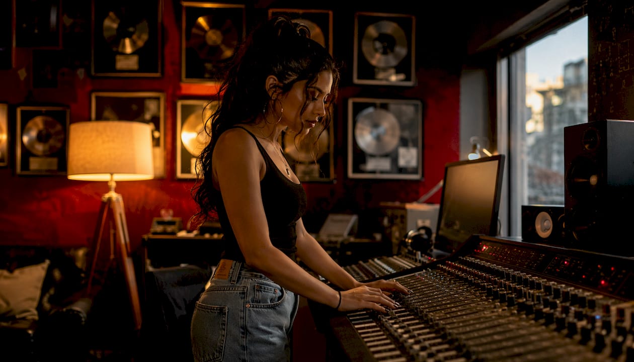 Hands adjusting mixing console in studio