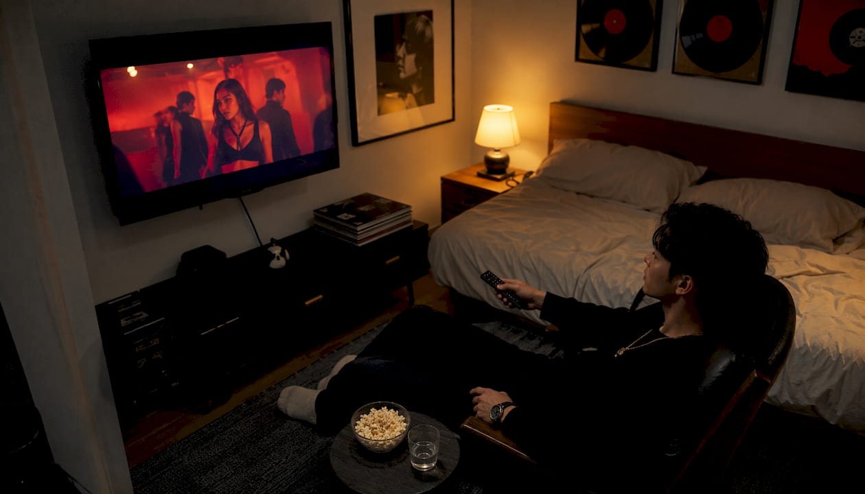 Fan watching music video late night at home