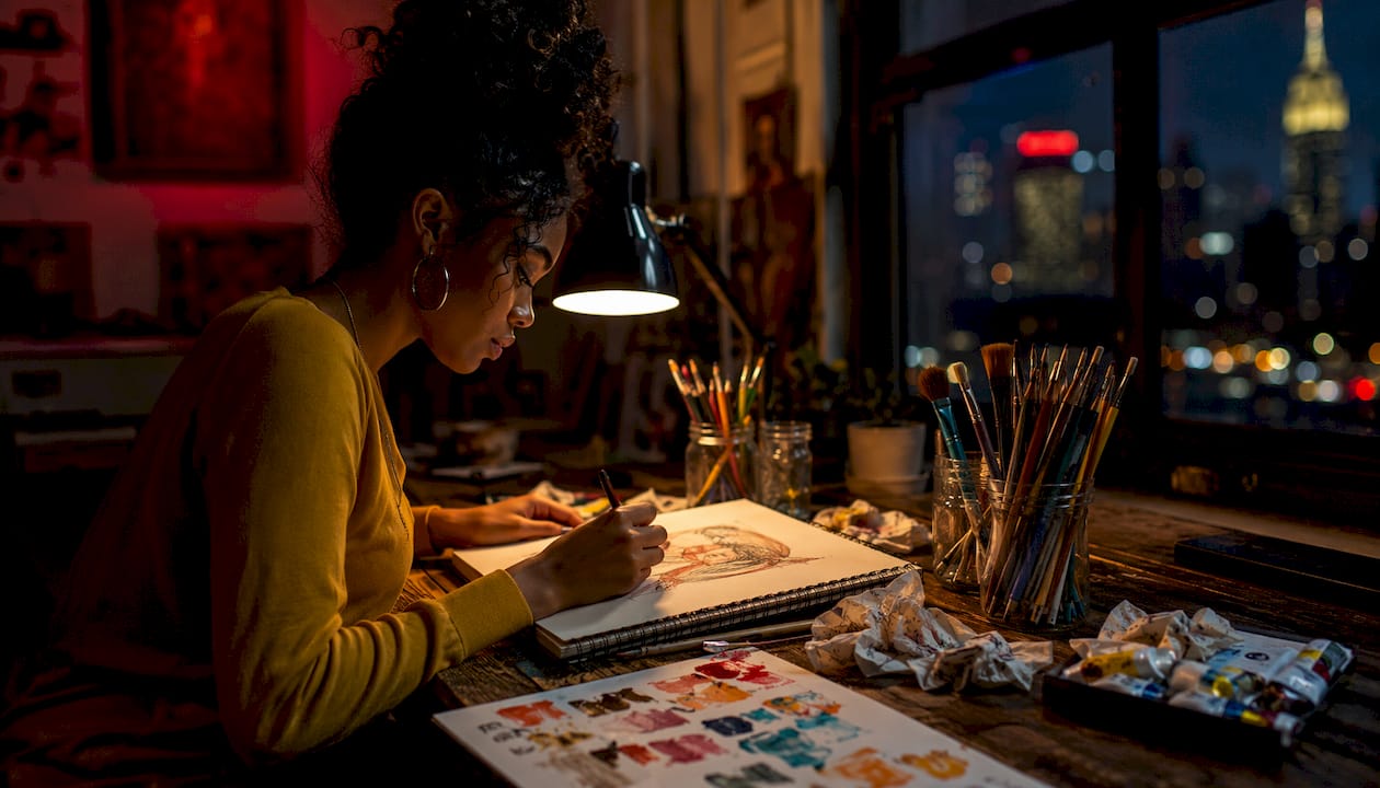 Artist sketching in late-night studio