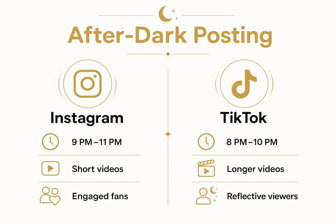 Infographic comparing after-dark posting times on Instagram and TikTok