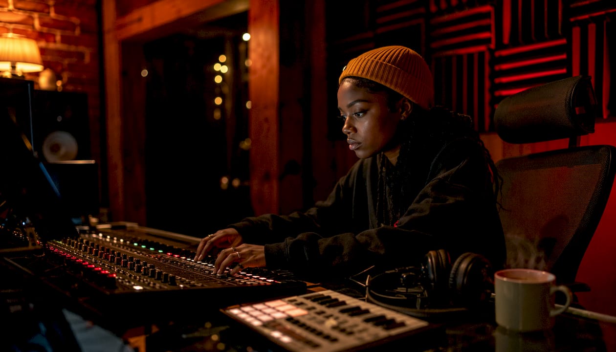 Music producer mixing lo-fi R&B tracks at night