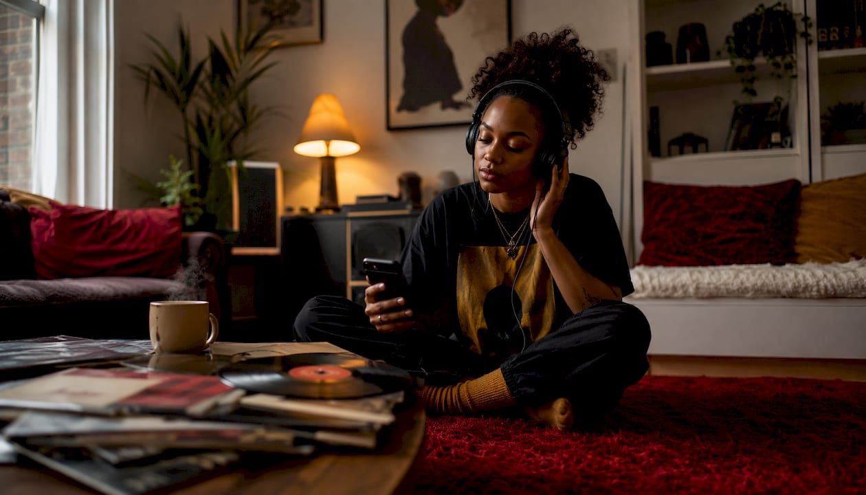 Woman listening to alternative R&B music with headphones