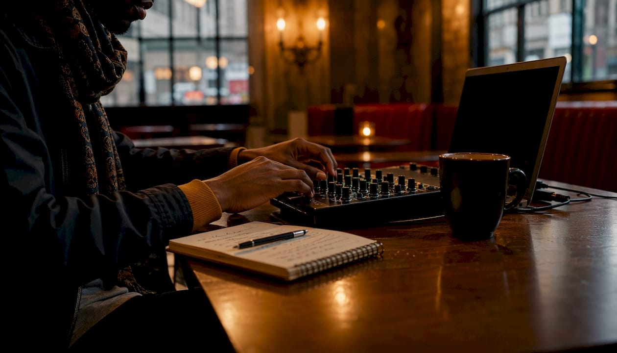 Hands working on music production equipment