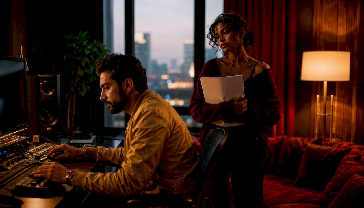 Producer and artist collaborating in studio
