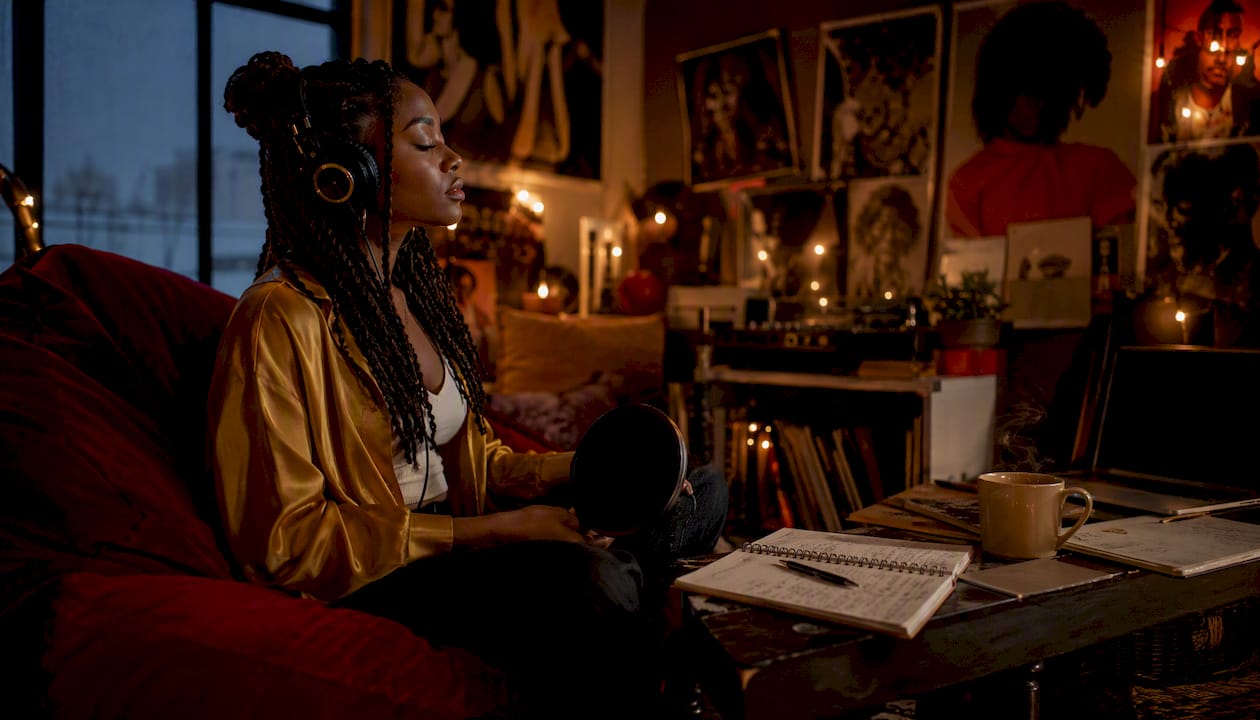 Singer intently recording emotional alt R&B vocals
