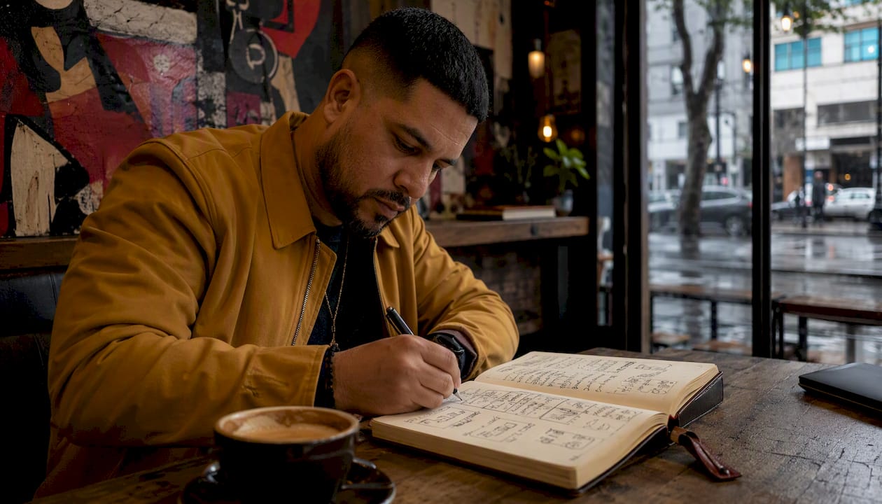Person sketching alternative R&B origins timeline