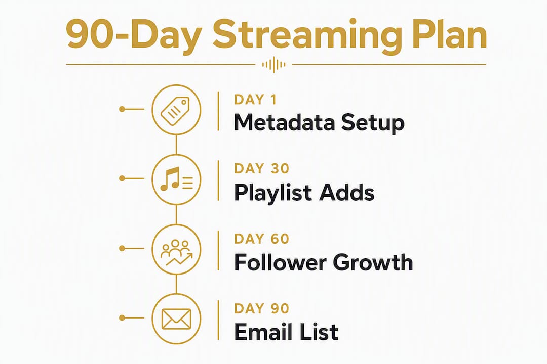 Infographic showing independent artist 90-day streaming plan stages