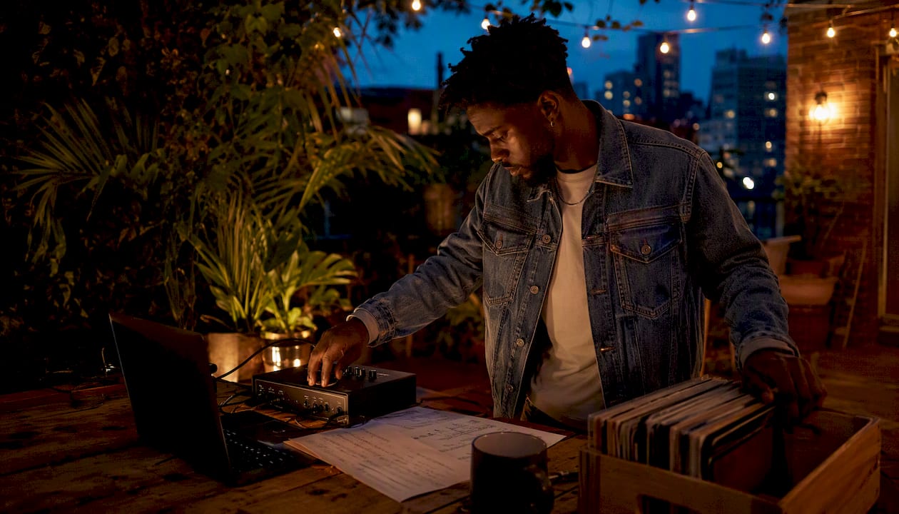 Music producer sampling old vinyl records