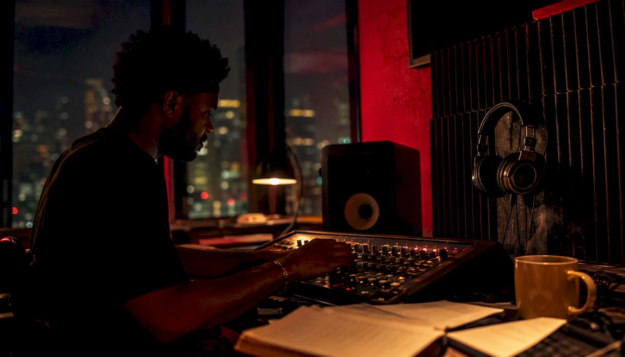 Hands adjusting audio mixer in warm lit studio
