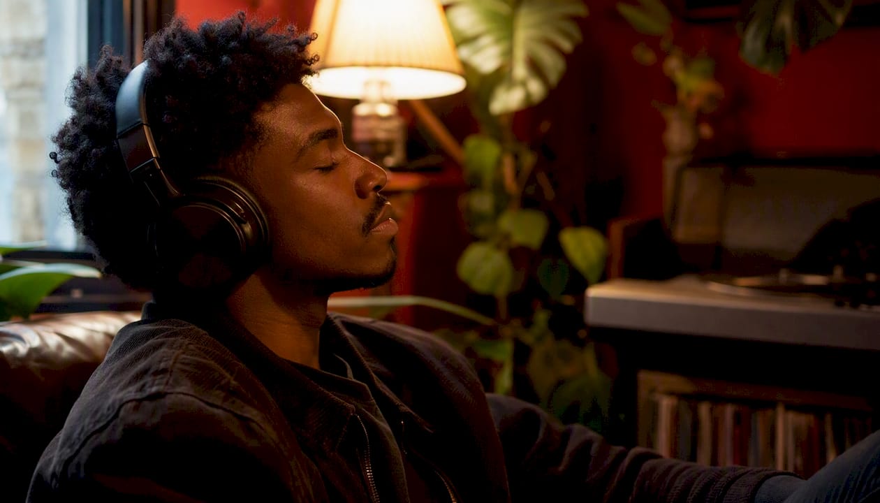Person listening to nostalgic music with headphones