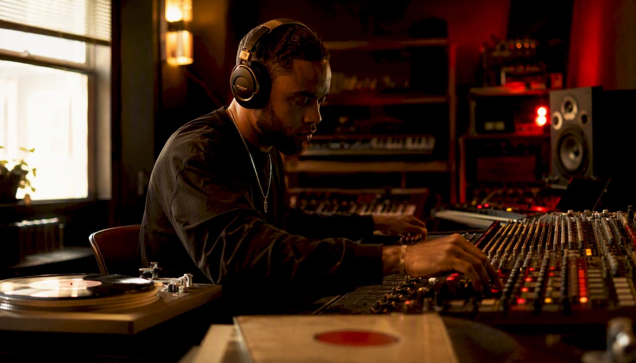 Music producer adjusting mixing console at night