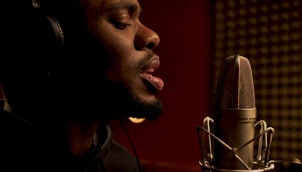 Close-up baritone vocal recording in studio
