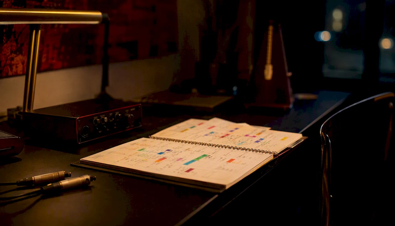 Music project timeline calendar on desk