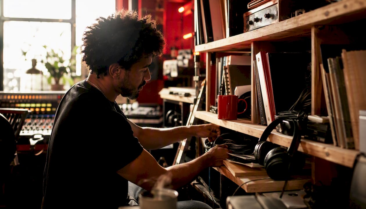 Music project manager arranging cables in studio
