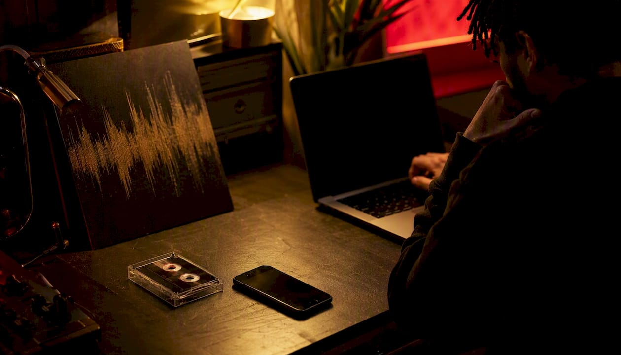Studio table with objects representing music platforms