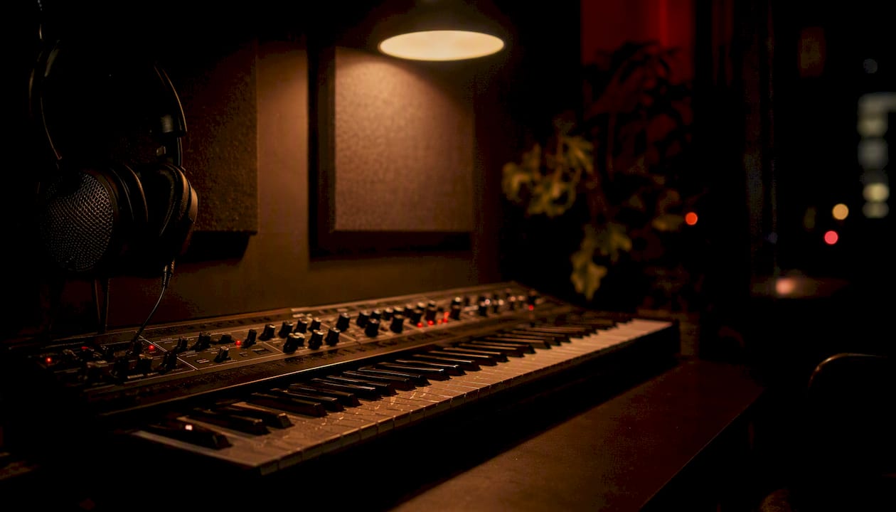 Synth keyboard and headphones in dim studio